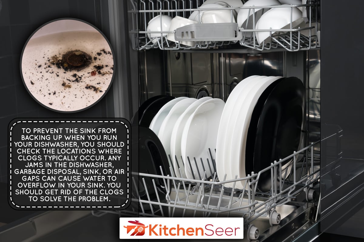 黑白盘子在洗碗机隔间，特写，水槽备份时，洗碗机运行-该怎么办?