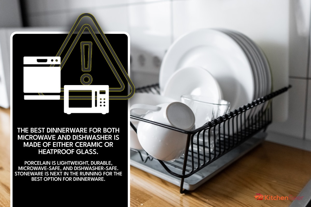 Budget and lightweight antimicrobial dish drainer with drain board at modern scandinavian kitchen. Dish rack holds many dishes and cups against wooden countertop, white wall tiles, sink and faucet, What's The Best Dinnerware For Both Microwave & Dishwasher?