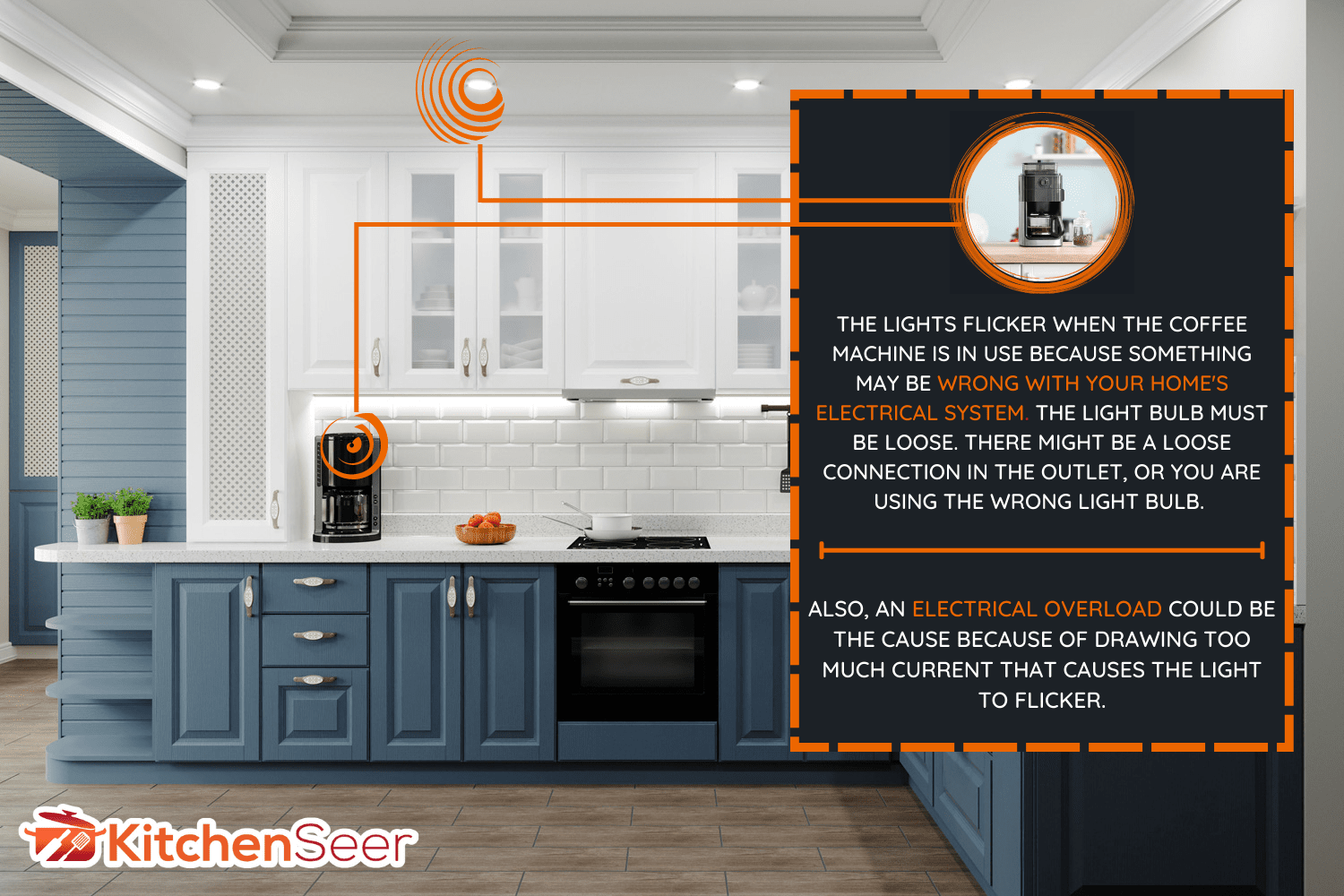 雷电竞官网网址现代风格的厨房。雷电竞官网网址厨房内部白色顶部，蓝色底部。围裙由白砖瓷砖制成。转角工作区，厨房里有咖啡机、碗碟。雷电竞官网网址-咖啡机使灯闪烁-为什么和怎么做