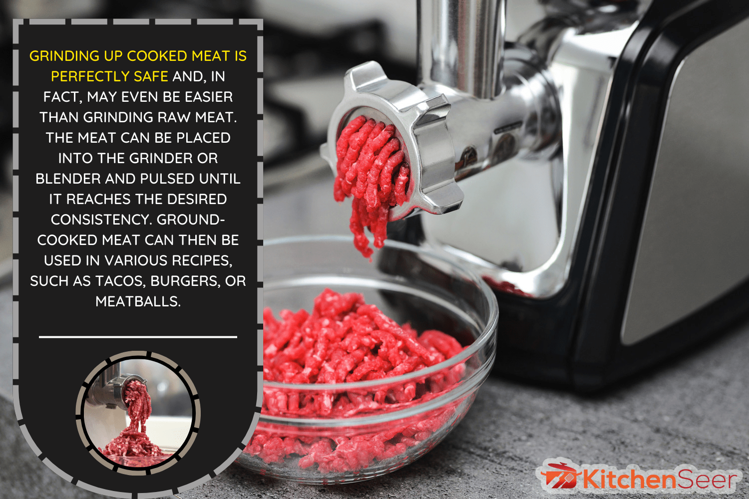 厨房桌子上绞肉机新鲜五香碎肉。雷电竞官网网址侧面的绞肉机和肉末落入一个玻璃碗。有选择性的重点。——你能磨煮肉放进绞肉机或者搅拌机里