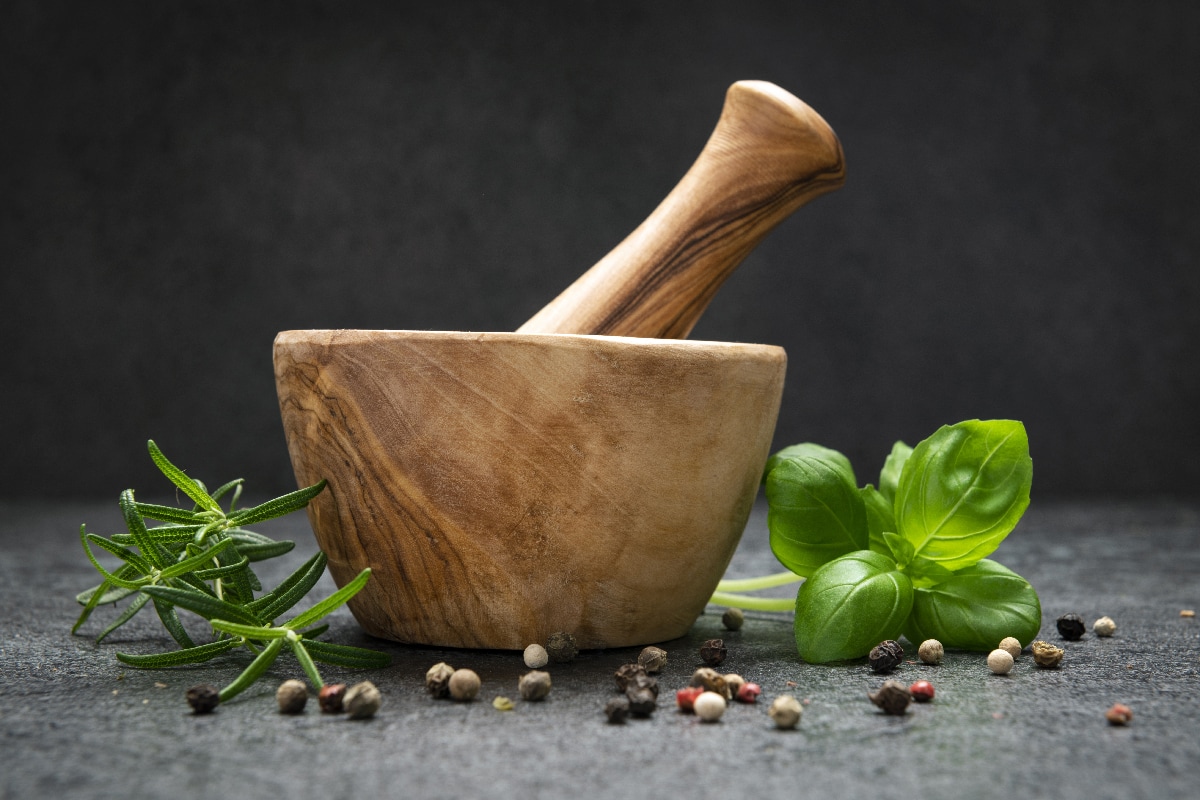 用新鲜的香草做烹调用的灰泥和软浆