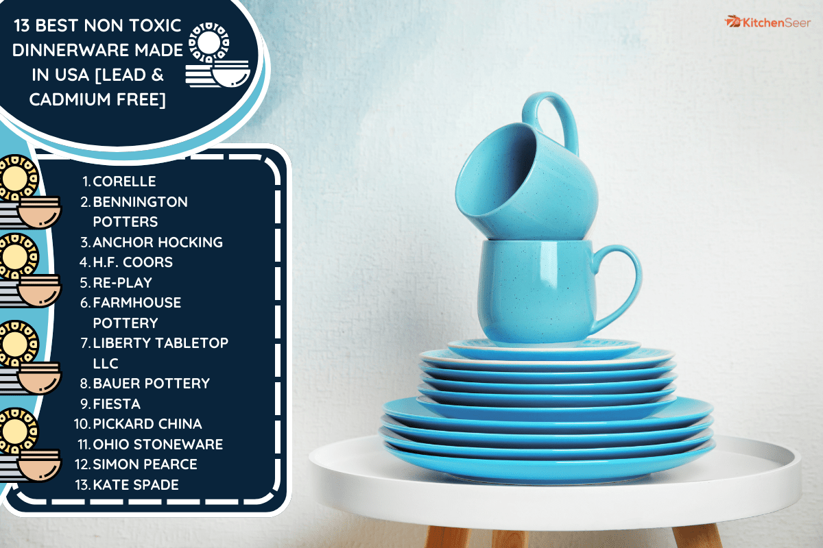 一套餐具放在桌子上，背景明亮，有文字空间。内部元素。- 13种美国制造的最佳无毒餐具[不含铅和镉]”width=