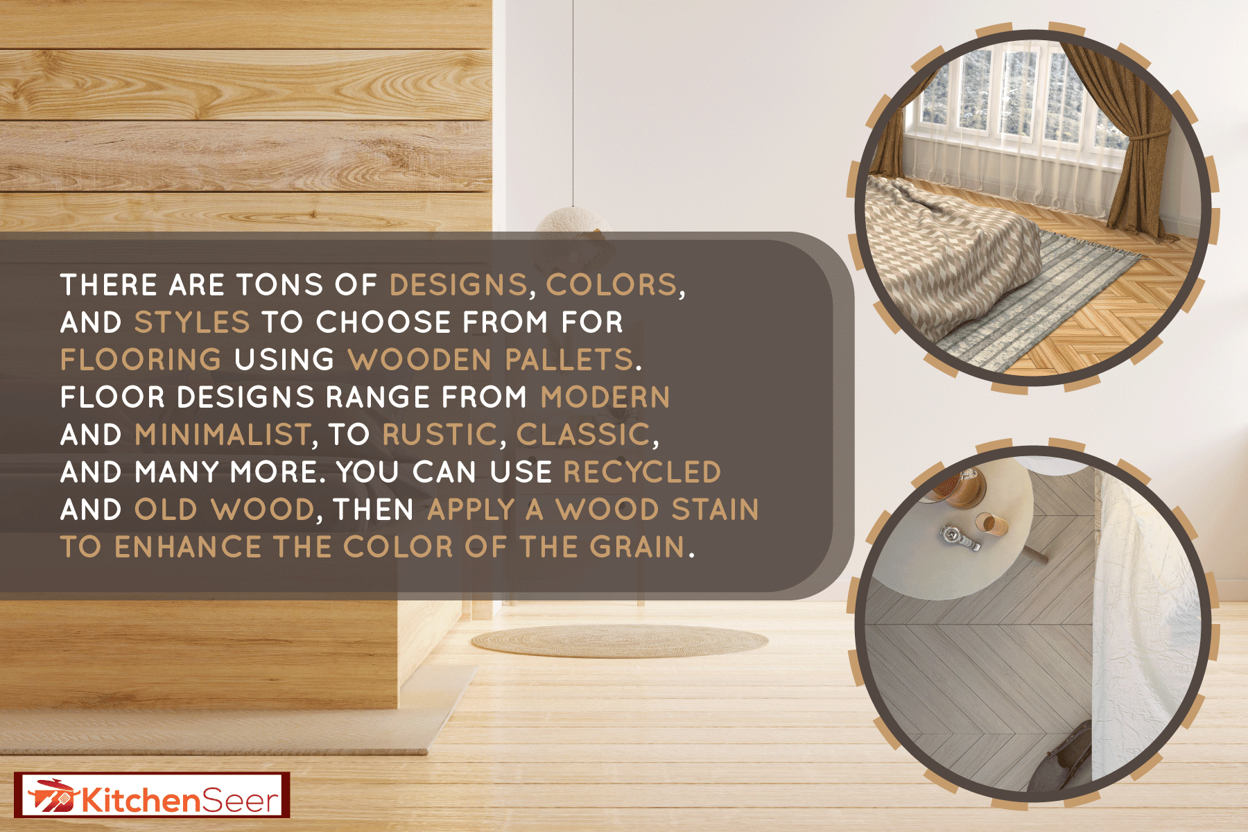 一张极简主义的现代设计卧室的照片，地板上附有托盘木地板，X托盘地板给房主的想法