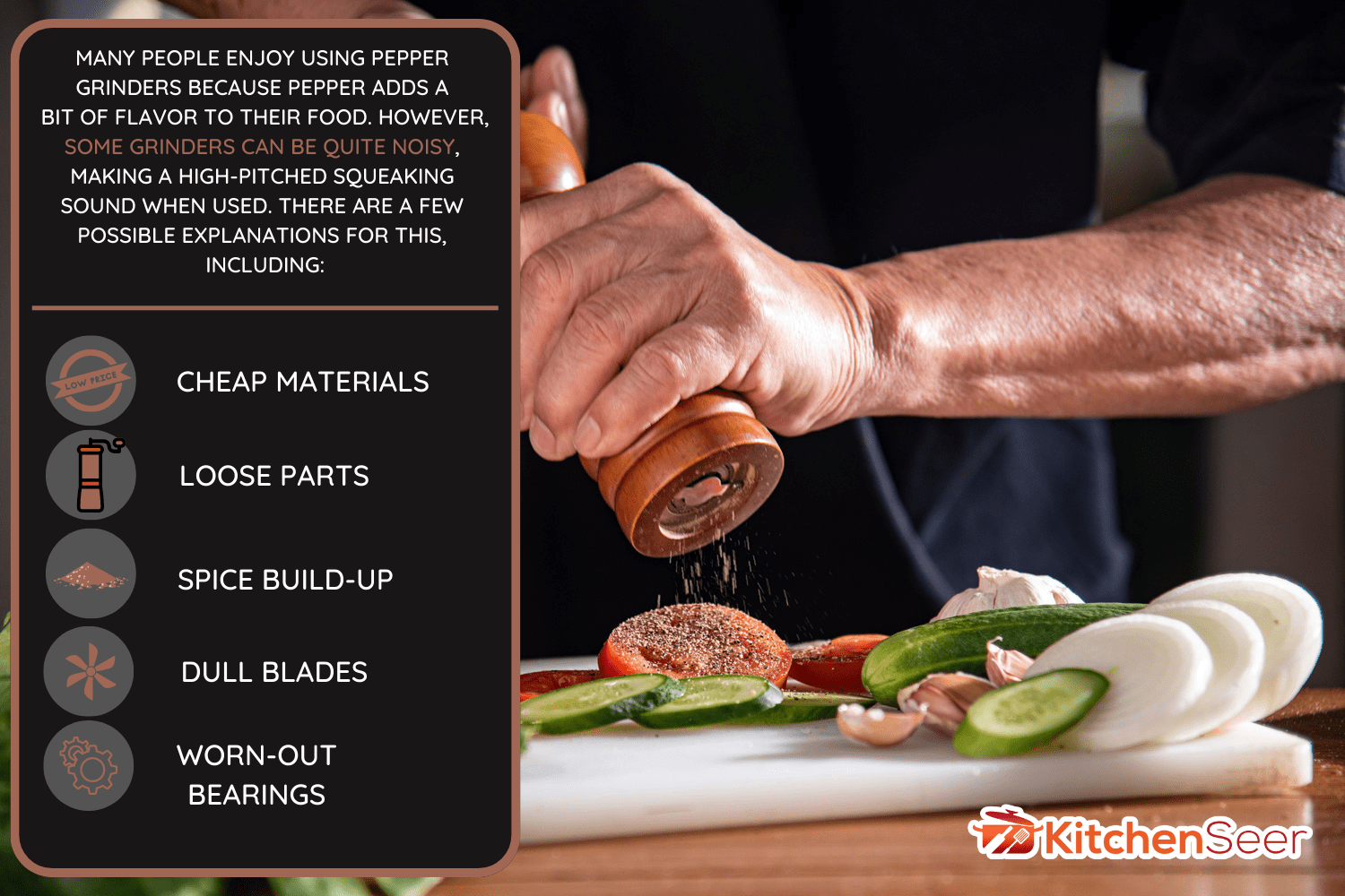 年轻女子磨胡椒沙拉。满碗新鲜的绿色沙拉，西红柿，黄瓜特写在深色背景的木桌上，乡村厨房。雷电竞官网网址盐，橄榄油，葵花籽油，胡椒粉放在桌上。-为什么我的胡椒研磨机吱吱叫[以及如何解决它]