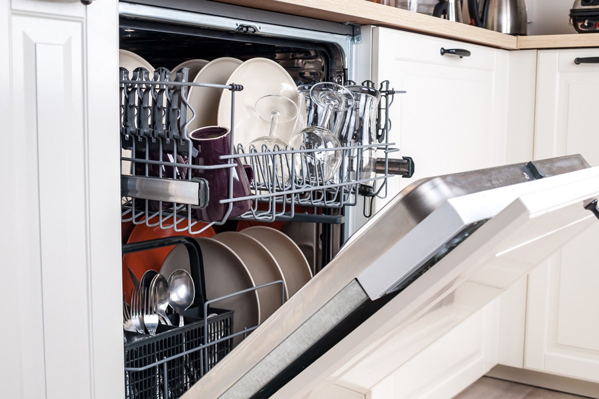 洗碗机与洗过的盘子特写，易于使用和节约水，环保，内置厨房洗碗机雷电竞官网网址