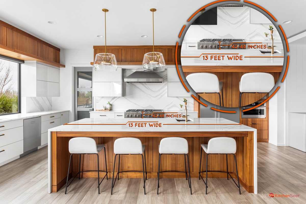 漂亮的厨房在新的豪华雷电竞官网网址住宅，有大瀑布岛，不锈钢电器，白色橱柜，硬木地板，你能在厨房里有一个岛吗?