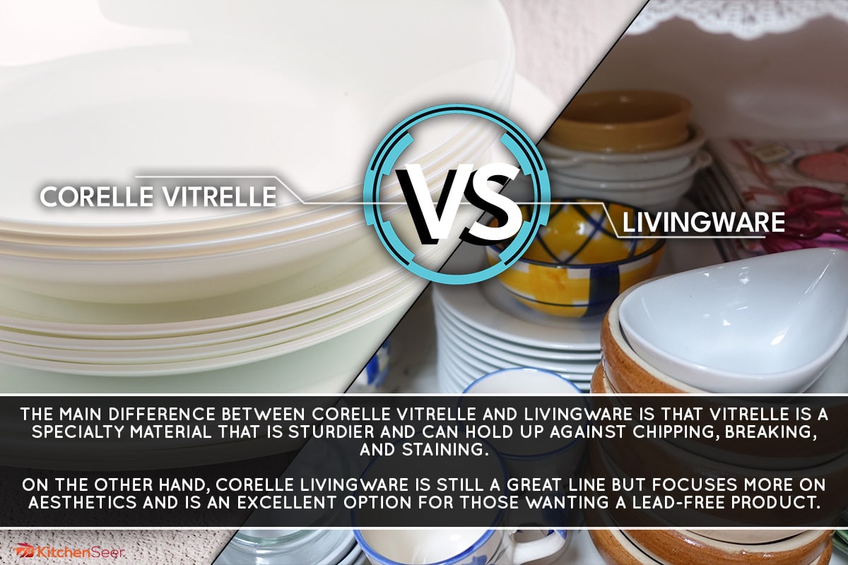 的拼贴livingware alnd白色Vitrelle餐具堆放在清楚,Corelle Vitrelle Vs livingware:有什么区别吗?