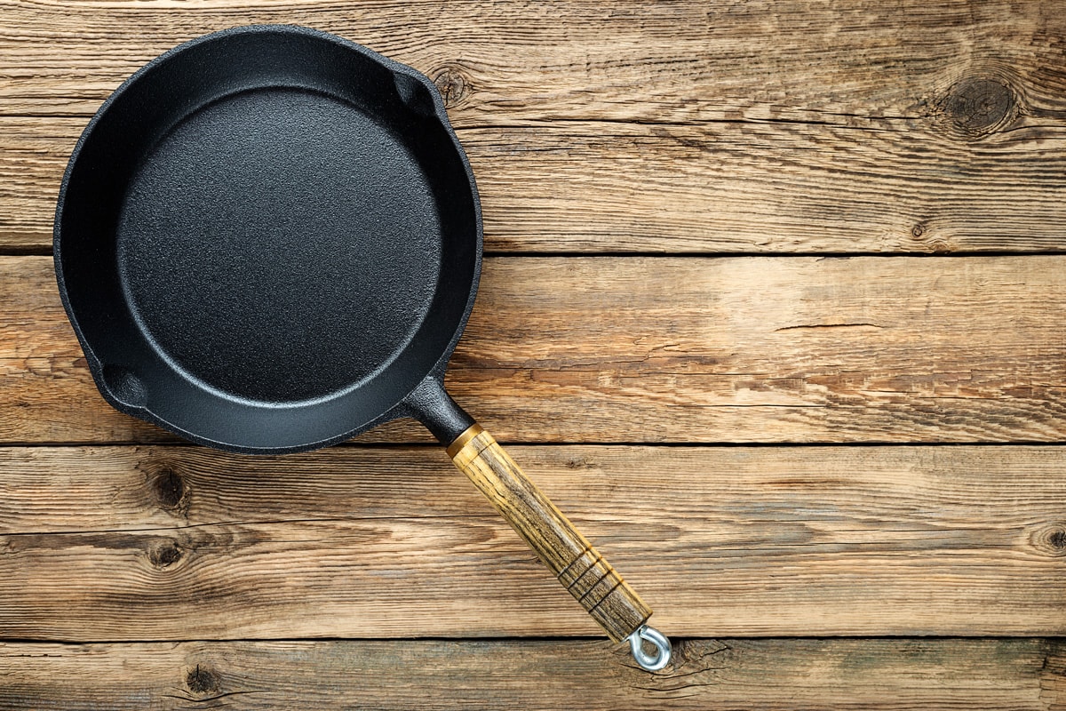 A black non stick frying pan on a table