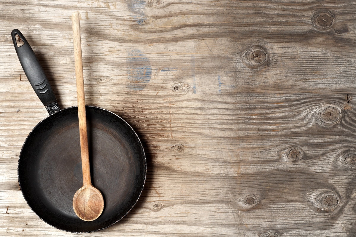 A heavy duty frying pan on a wooden table