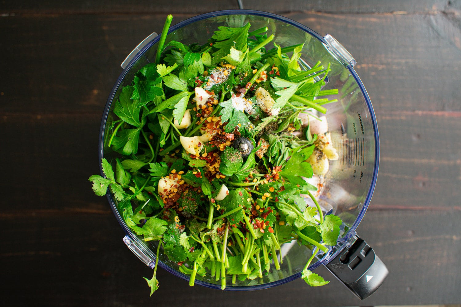 Chimichurri成分在食品加工机欧芹、香菜、大蒜、和其他Chimichurri成分在食品加工机碗