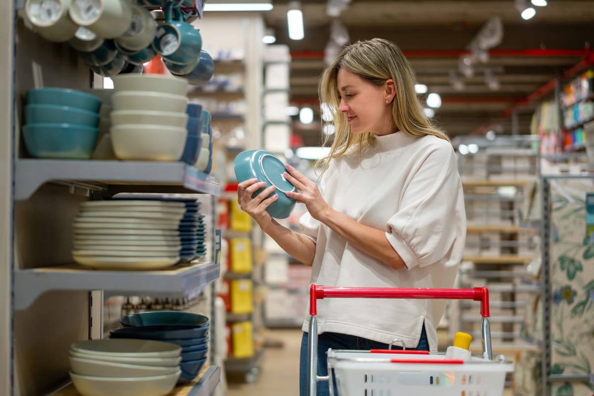 在百货商店购物的女人买盘子