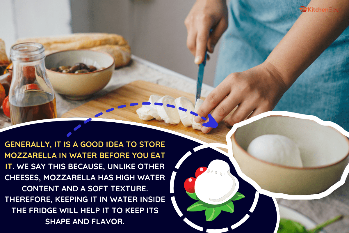 女人烹饪意大利番茄沙拉。意大利番茄沙拉配料——祖传番茄马苏里拉奶酪,罗勒叶。——马苏里拉奶酪应该存储在水吗?