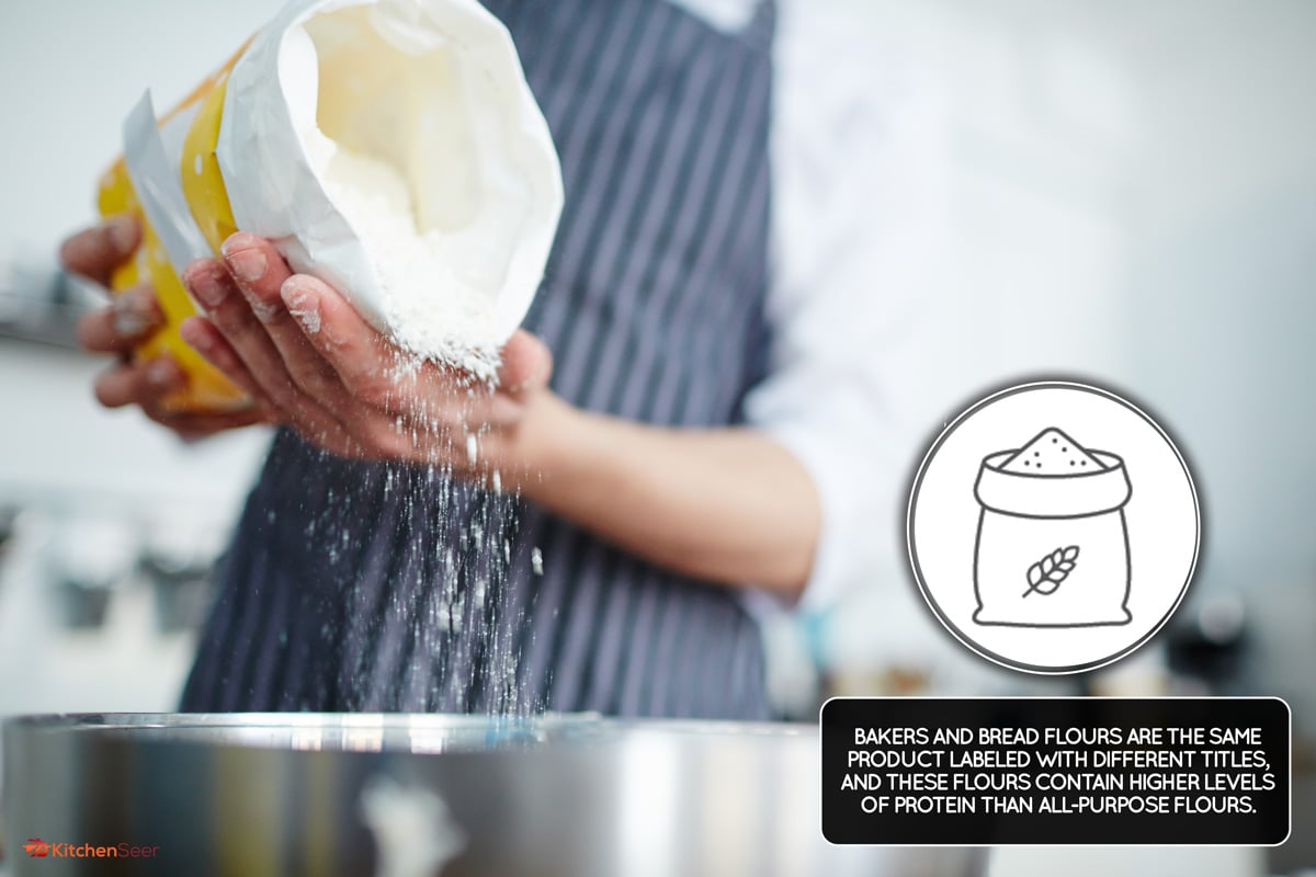 Baker adding flour in bowl to make dough, Bakers Flour Vs Bread Flour: Uses & Differences