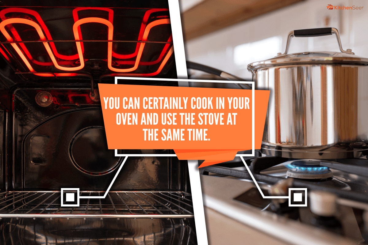 拼贴照片的一个接近内部加热烤箱和一个热燃烧火焰煤气炉，我可以同时使用烤箱和炉子吗?