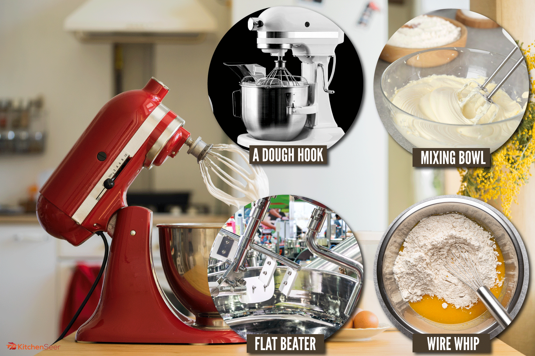 red stand mixer mixing cream on kitchen, How To Remove Kitchenaid Attachments [Inc. Troubleshooting When Stuck]