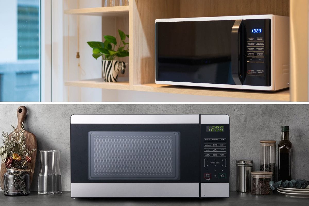 现代的黑色微波炉在厨房台面上。雷电竞官网网址- Cyclonic Vs Inverter Microwave: Which Is Better?