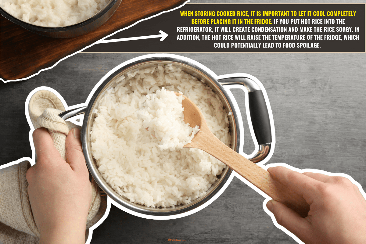 女人用勺子在平底锅里搅拌米饭。——米饭放冰箱前应该放凉吗?