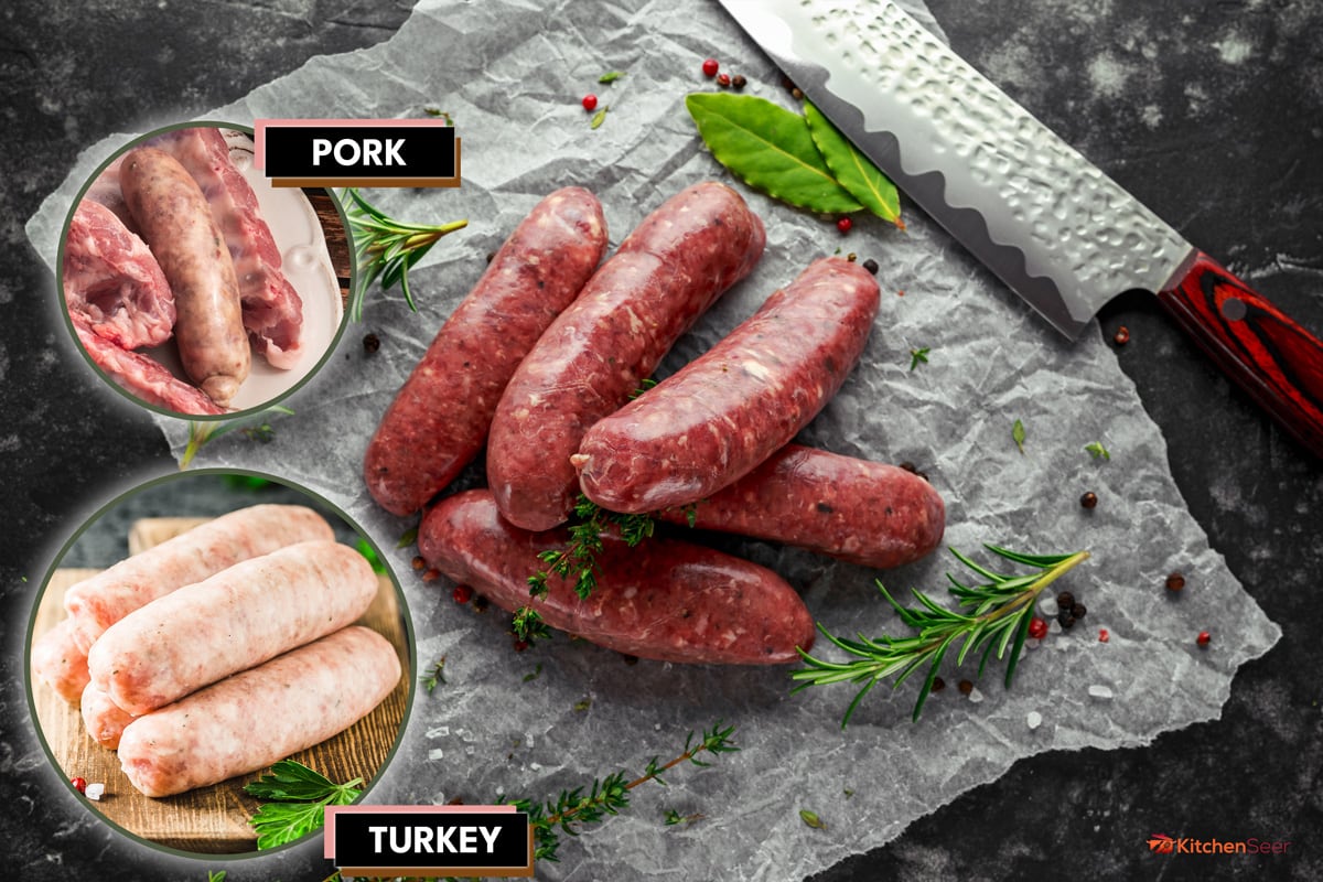 生香肠与药草、香料、香草在黑暗的背景。,有代替意大利香肠吗?