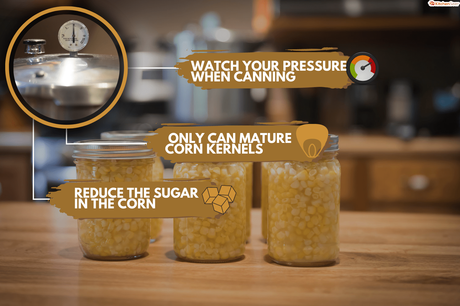 Pint jars of corn sitting on the counter ready to go in pressure canners that are sitting on the stove in the background, How To Keep Corn From Turning Brown When Canning