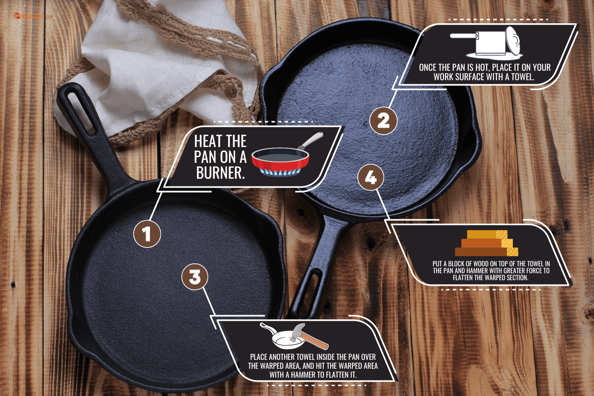 两个铸铁煎锅俯视图，在乡村桌子。铸铁锅放不平-为什么?该怎么办?