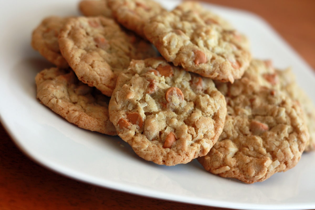 刚烤好的饼干堆在白盘子里。